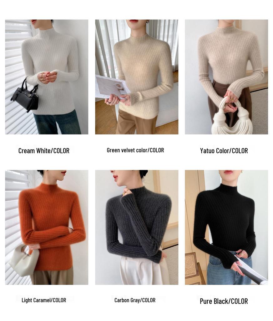 Women’s Stylish Slim-Fit Cashmere Sweater, Half-High Neck, Thick Base Layer, Versatile New Style