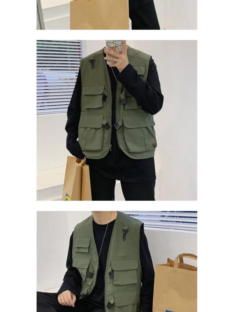 Men's Retro Multi-Pocket Workwear Vest: Spring/Autumn Thin Sleeveless Trendy Gilet