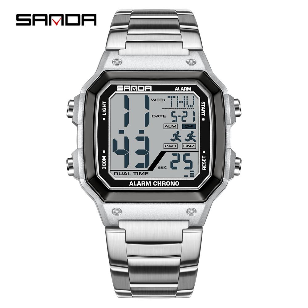Sanda 6380 Fashion Men's Electronic Led Digital Watch Sports Night light Multi Functional Waterproof Student Timing Alarm Clock