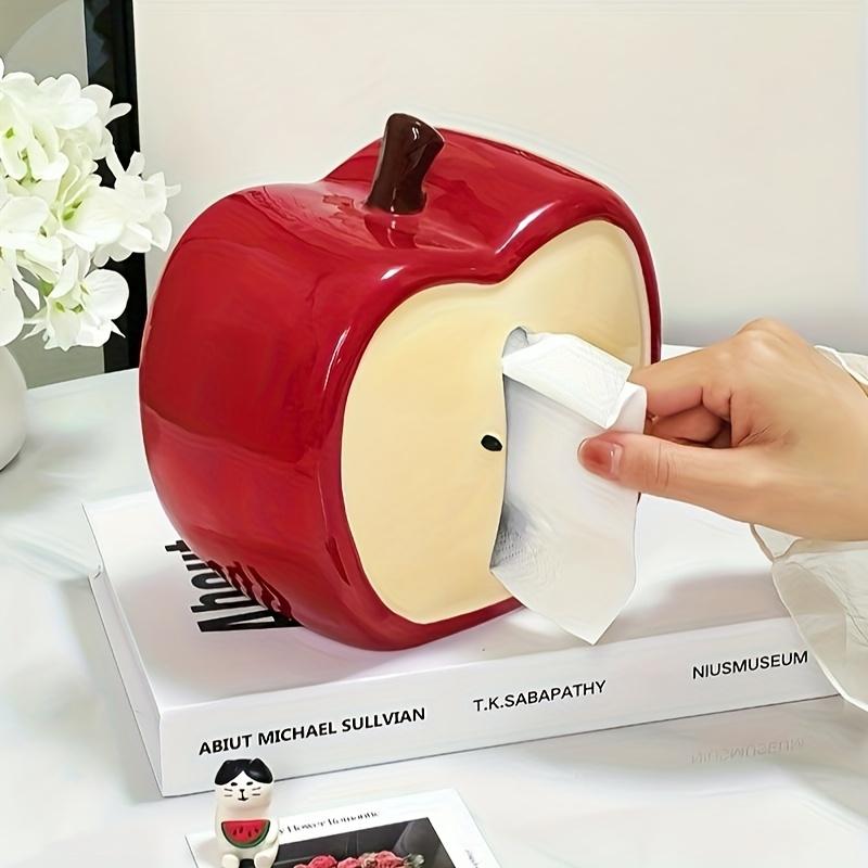Creative Apple Core Tissue Box Holder ,Whimsical Ceramic Napkin Dispenser with Cute Cartoon Face Design, Decorative Tissue Box for Living Room