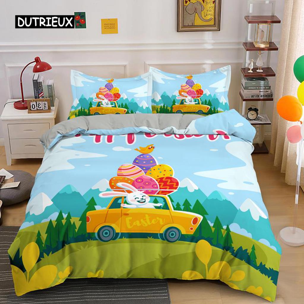 Easter Duvet Cover Set Queen Size Golden Egg Twin Bedding Set for Kids Boys Girls Easter Theme Polyester Comfortable Quilt Cover