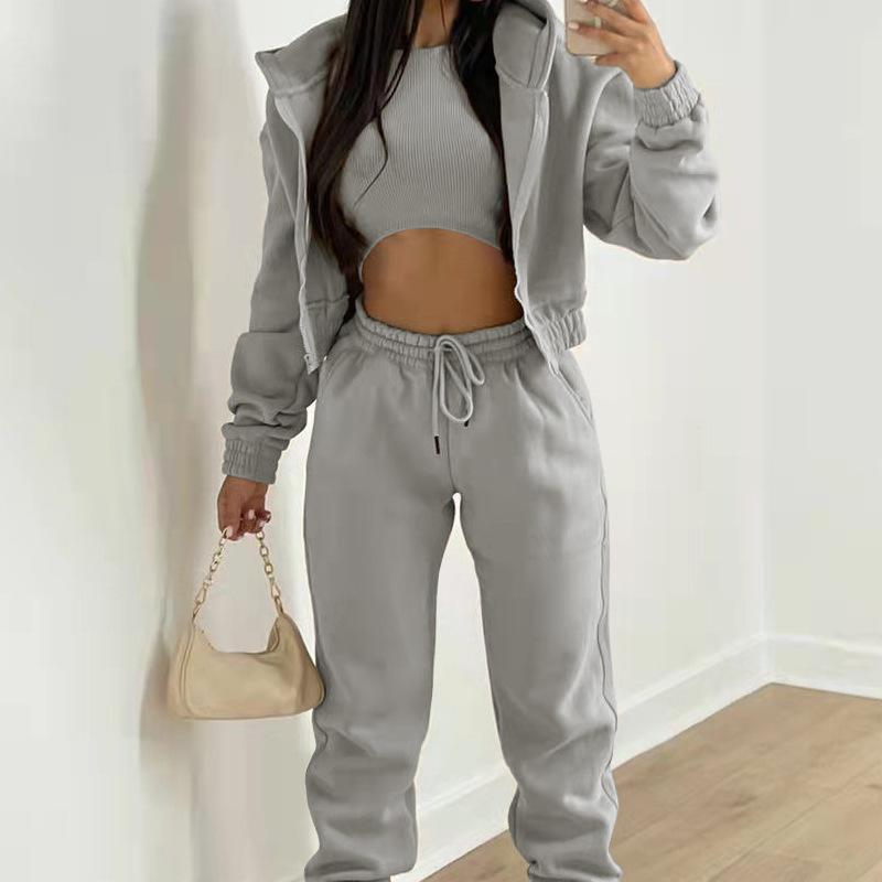 Spring and Autumn New Women's Clothing Solid Color, Simple Hooded Sweatshirt, Sports Casual Pants Three Piece Set