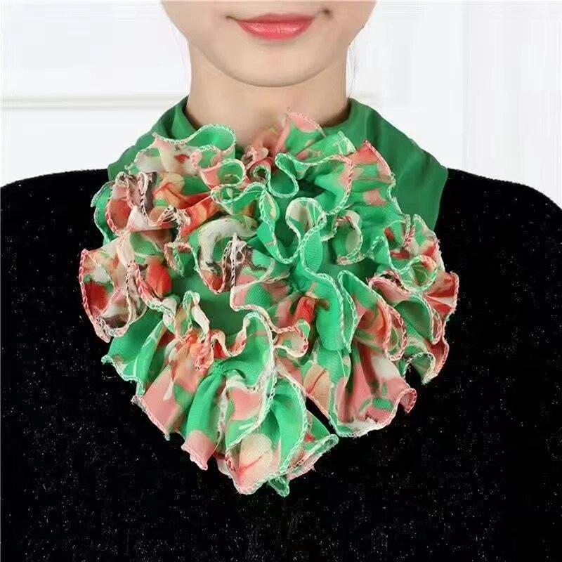Floral Print Chiffon Neck Collar Ruffles Fake Collar Elegant Women Neckerchief Detachable Neck Warm Instant Scarf 23*14cm