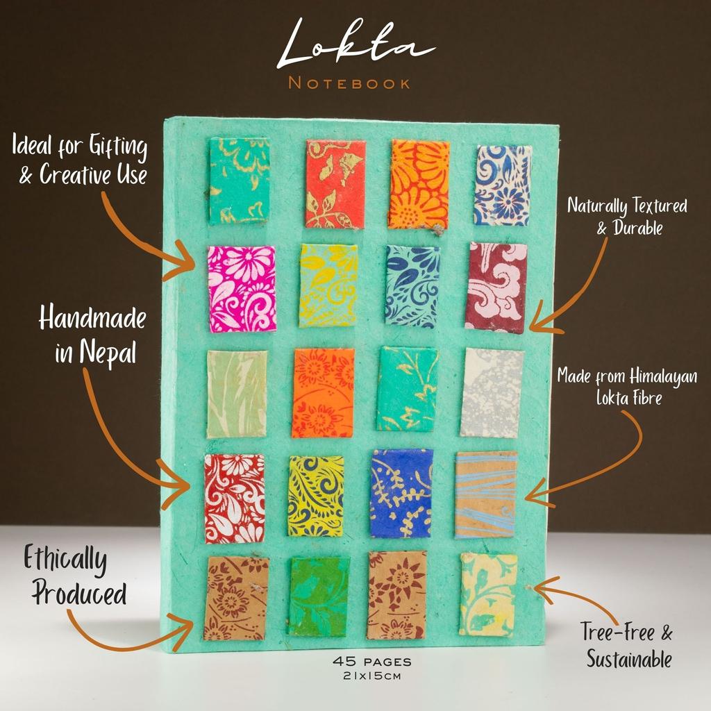 Lokta Mini Tiles Notebook – Large (21x15cm) – 45 Leaves – Includes Bookmark – Teal