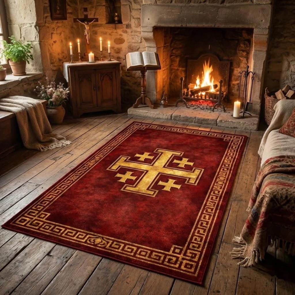 Jerusalem Cross Prayer Rug Non-slip Soft Altar Floor Mat Christian Religious Meditation Carpet Catholic Home Decor