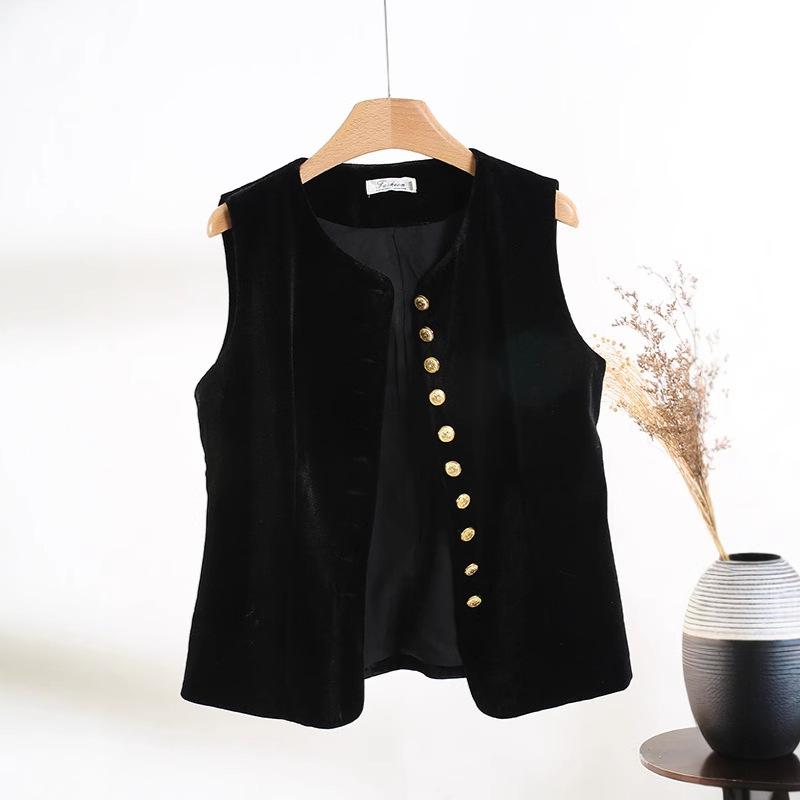 French retro fashionable vest top women's 2025 autumn new high-end velvet black vest