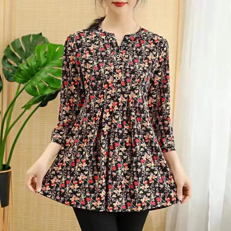 Women's Spring and Summer Loose Printed Daily Tops Middle-aged and Elderly Seven-minute Sleeve Comfortable Pullover Tops
