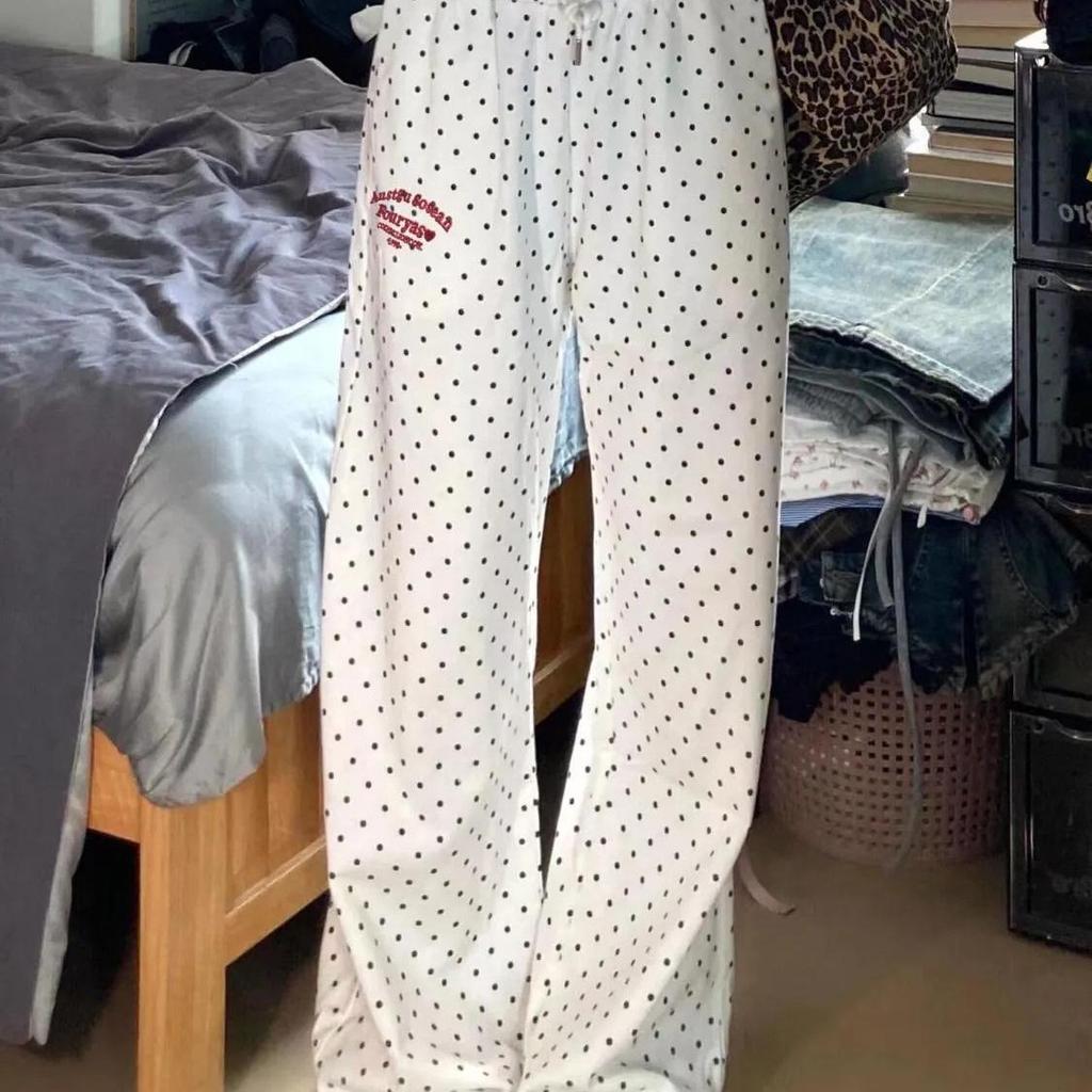 Women's High-Waist Polka Dot Wide-Leg Embroidery Pants - Casual Spring/Summer Straight-Leg, Loose-Fit, Slimming Style.