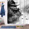 Misty Riverside Village Shower Curtain - Chinese Style, Tranquil Atmosphere, Polyester,  70.8x70.8 Inches, Serene Asian Design