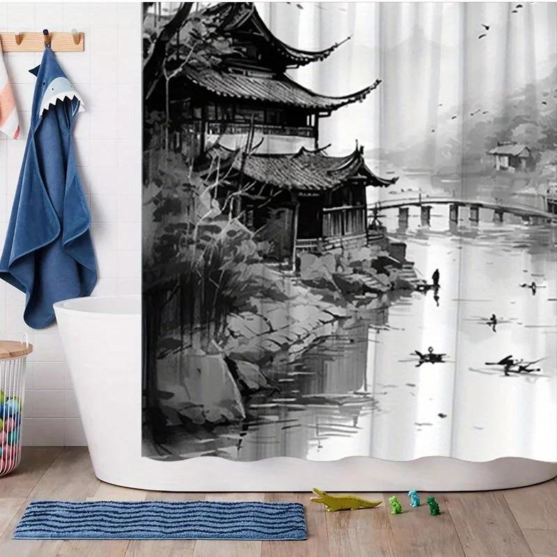 Misty Riverside Village Shower Curtain - Chinese Style, Tranquil Atmosphere, Polyester,  70.8x70.8 Inches, Serene Asian Design