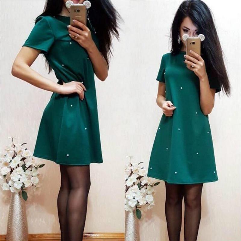 Elegant Casual O Neck Short Sleeve A-line Dress With Studded And Beaded Accents