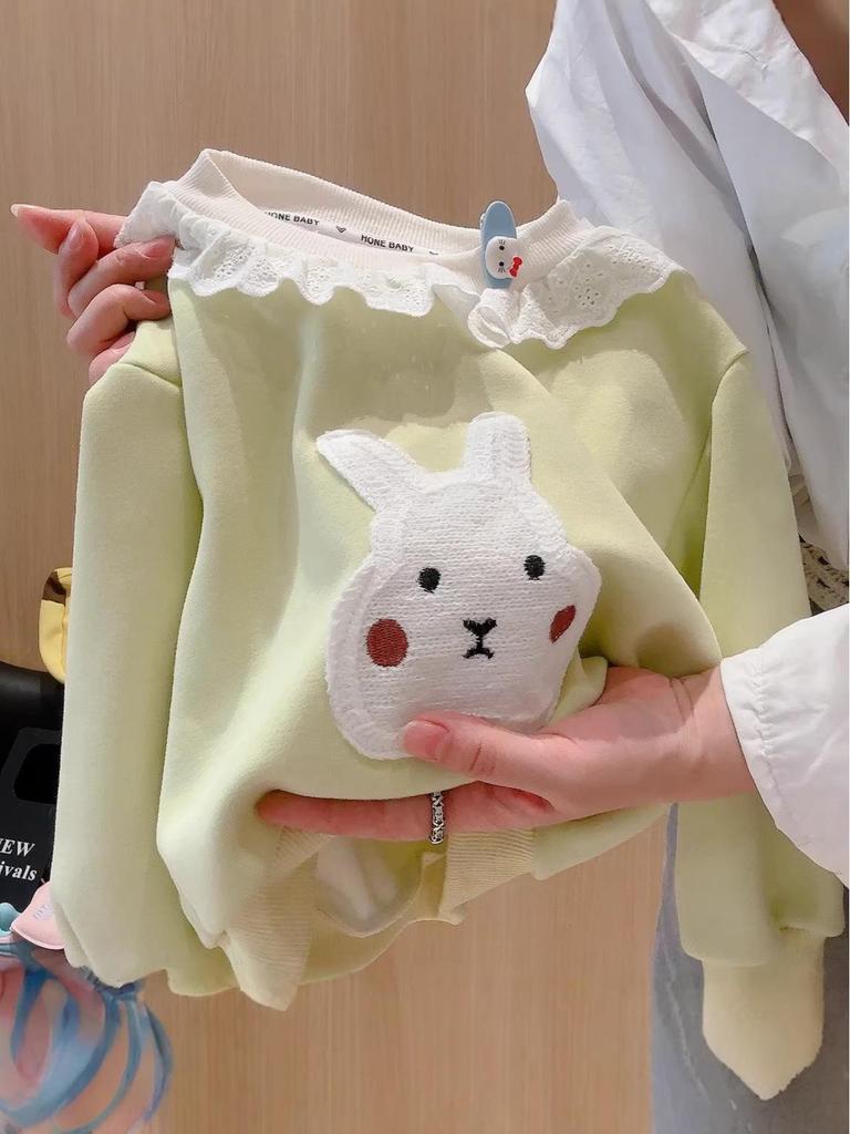 Spring Girls' Korean Style Cute Rabbit Lace Hoodie & Sweatpants Set