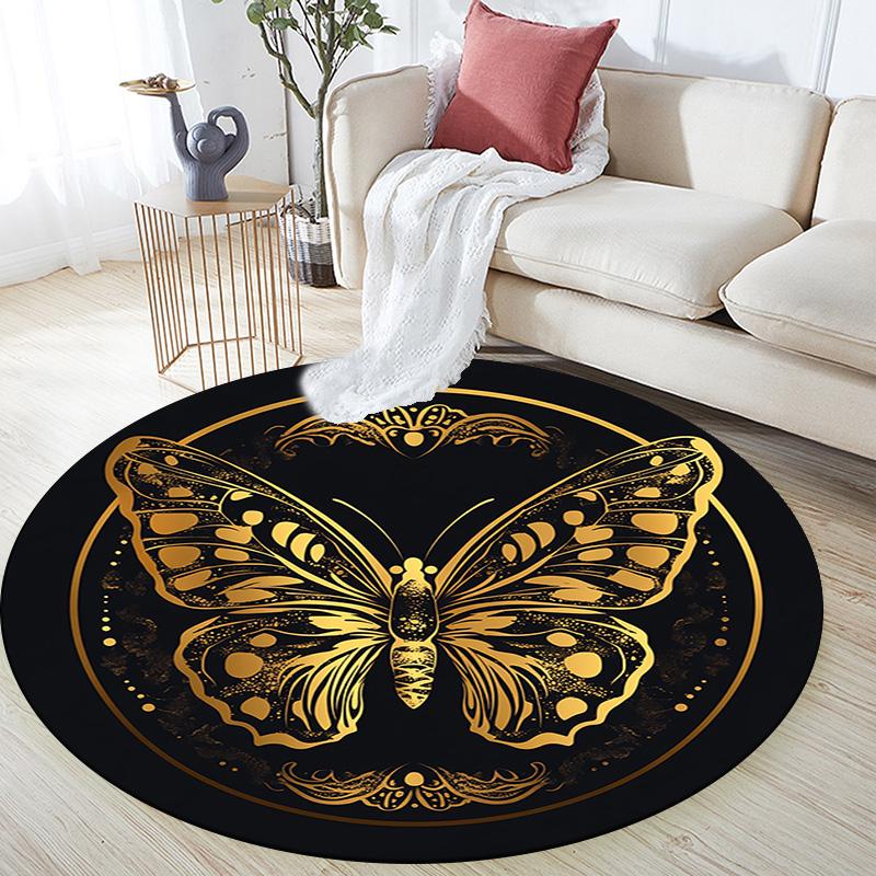 Golden Butterfly Round Area Rug,Carpet Rug for Living Room Bedroom Sofa Playroom Decor,Non-slip Floor Mat