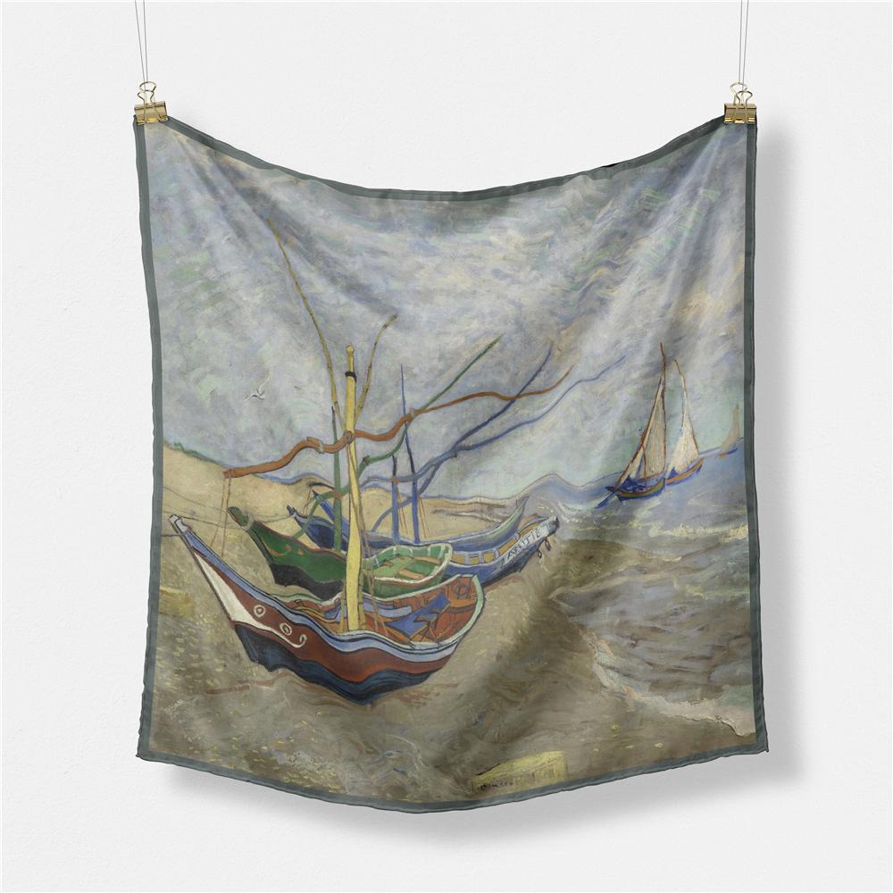 POBING Twill Silk Scarf Women Oil Painting Square Scarves Wraps Bandana Small Hijab Lady Foulards Tie Headband Neckerchief 53CM