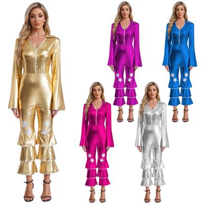 Mono Disco para Mujer Años 70 80 Manga Larga Piernas Acampanadas Brillante Disfraz Retro Una Pieza para Fiesta de Graduación Cosplay Club