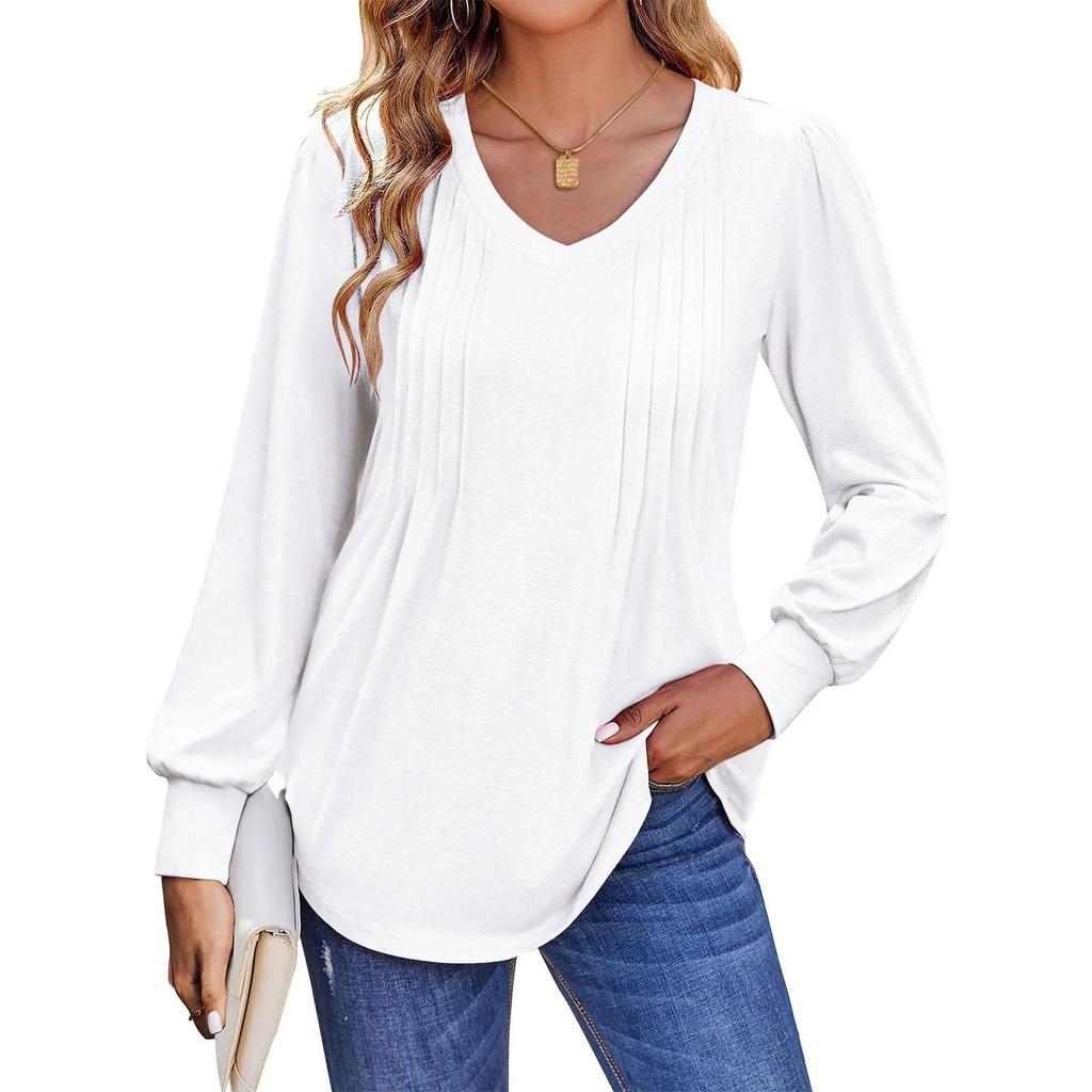 Women's T-shirt Solid Color V Neck Long Sleeve Top