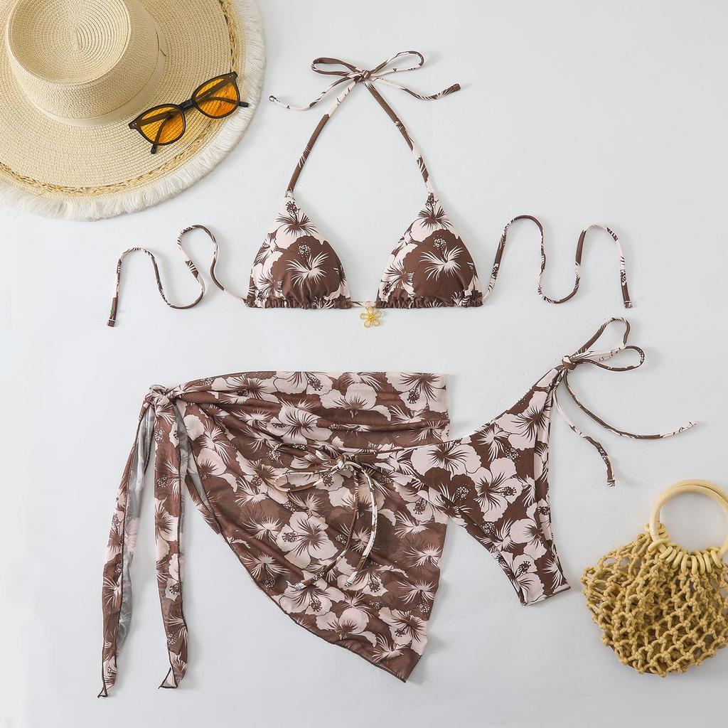 2026 Women's European & American High-Waisted Three-Piece Solid Color Swimsuit Bikini Set