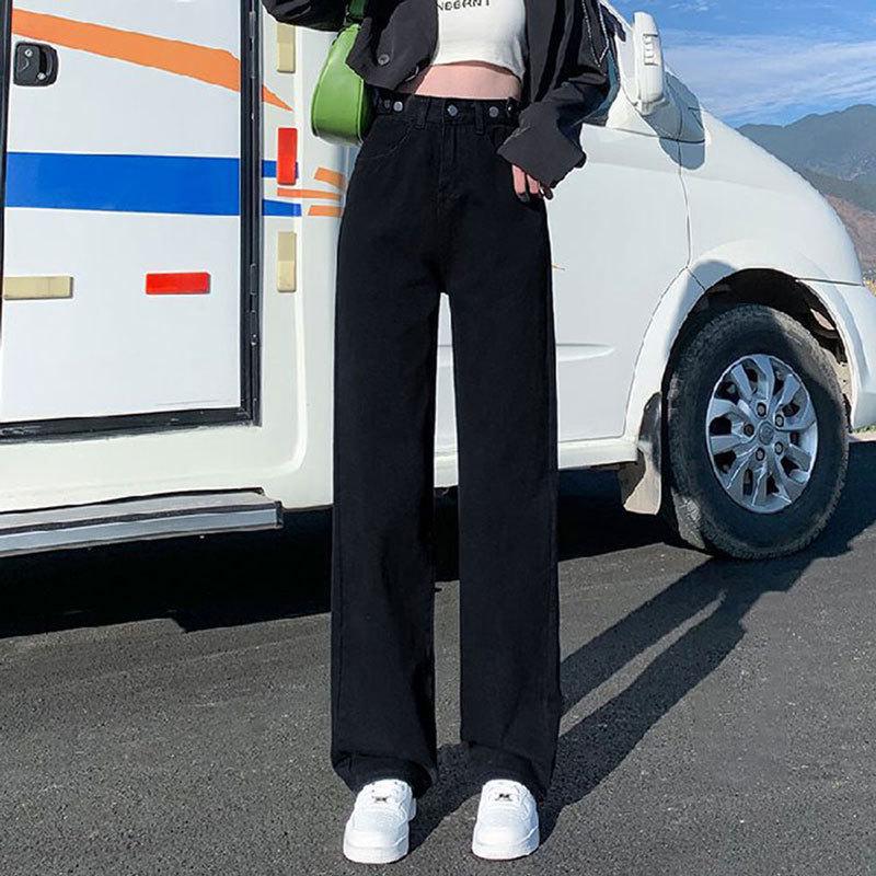 High-Waisted Black & Gray Wide-Leg Jeans - Adjustable Multi-Button Design, Loose Pear Shape, Floor Length for Women