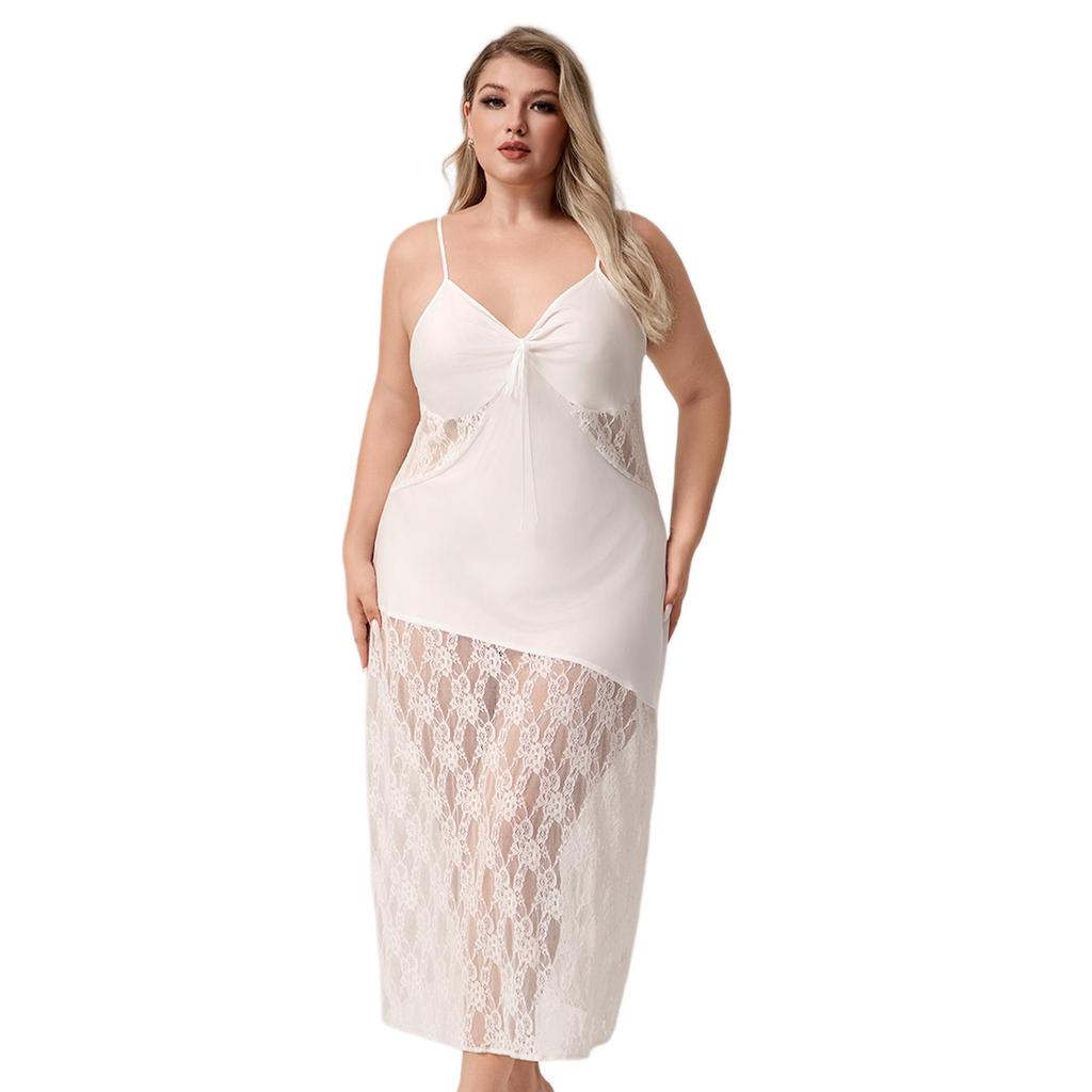 Yaoting Plus Size Lace Patchwork Ice Silk Camisole Nightgown