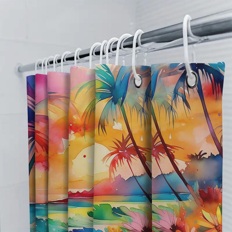 Sunset Palm Tree Beach Shower Curtain Modern Coastal Design For Bathroom Decorations