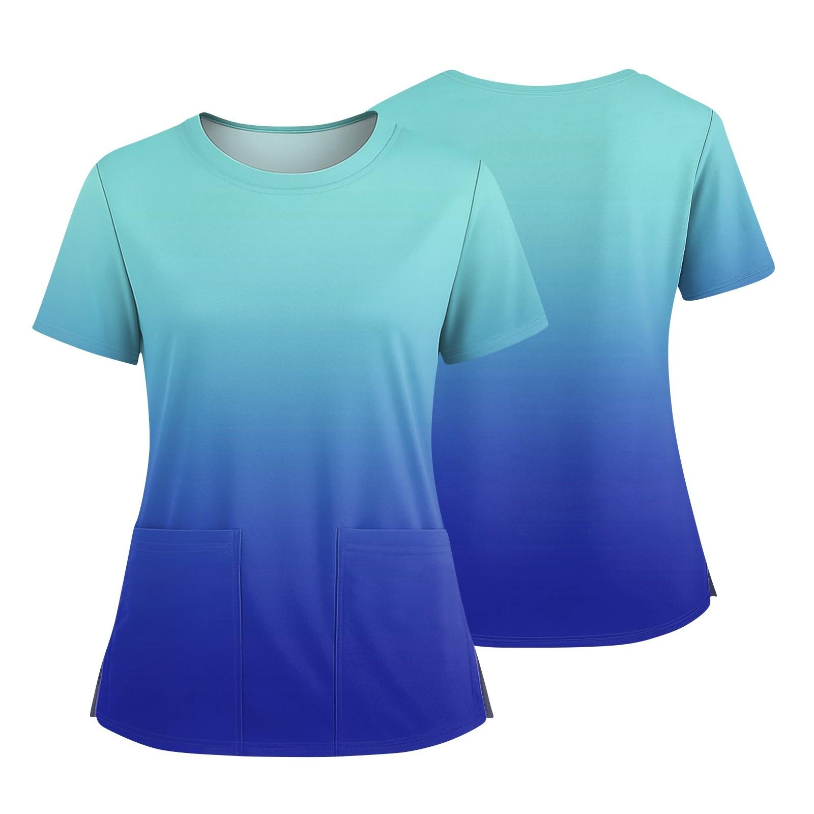 

Women s Fashionable Printed Round Neck Pocket Short Sleeved Shirt With Slit Hem Uniform And Worker s Top XXXL