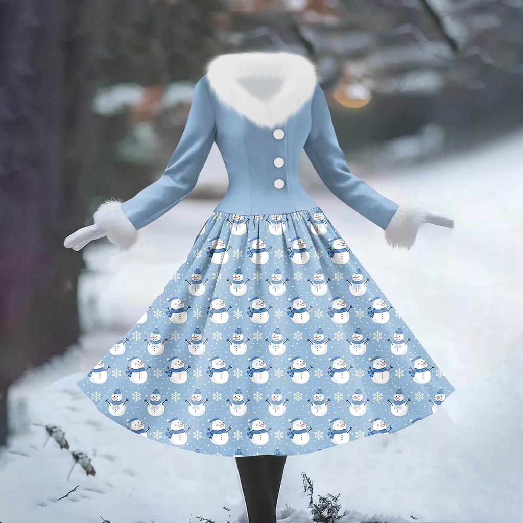 Women's Casual Hooded Dress Long-Sleeve V-Neck Patchwork Fleece Christmas Print Dress