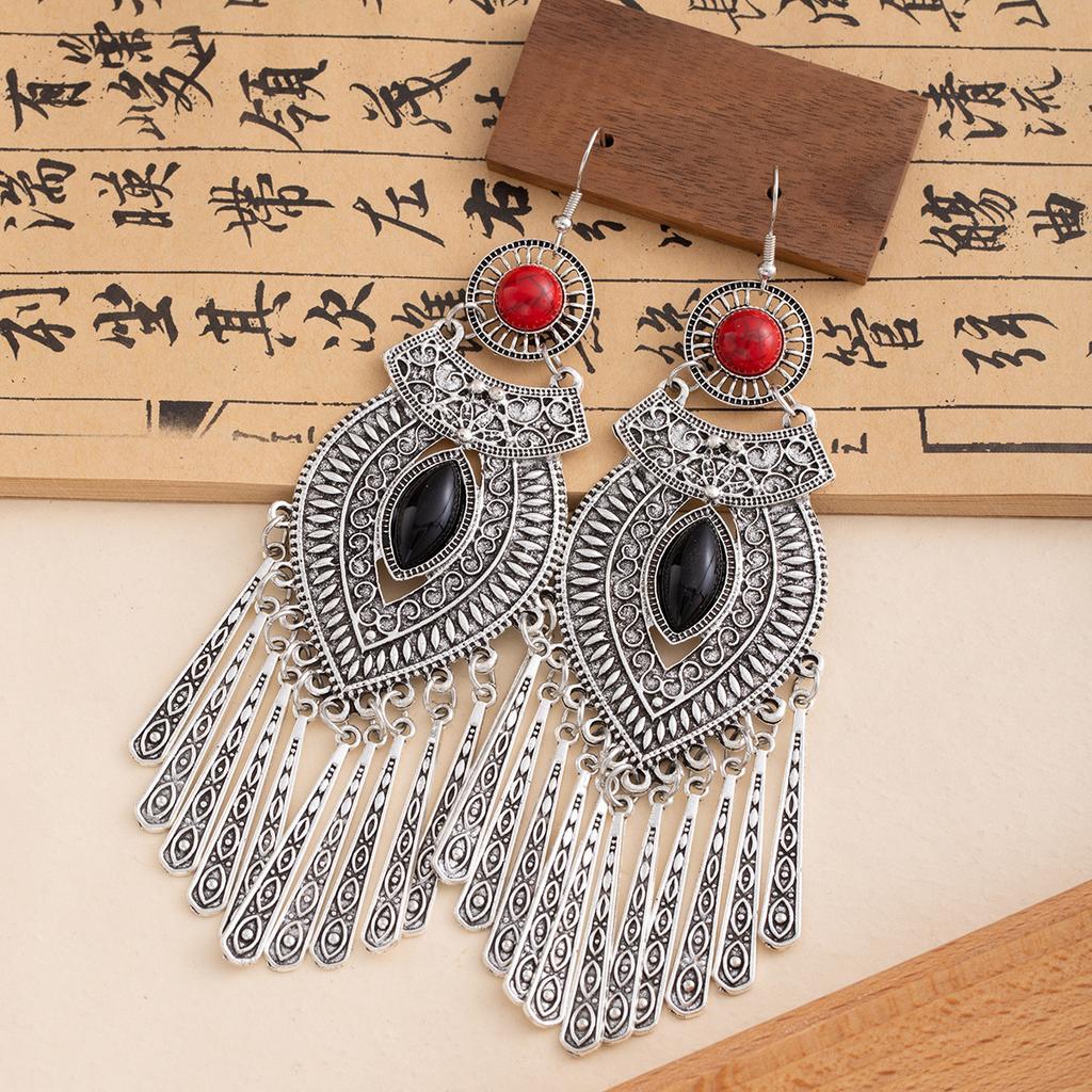 Bohemian Turquoise Long Fringed Stud Earrings Retro Imitation Miao Ethnic Style Earrings