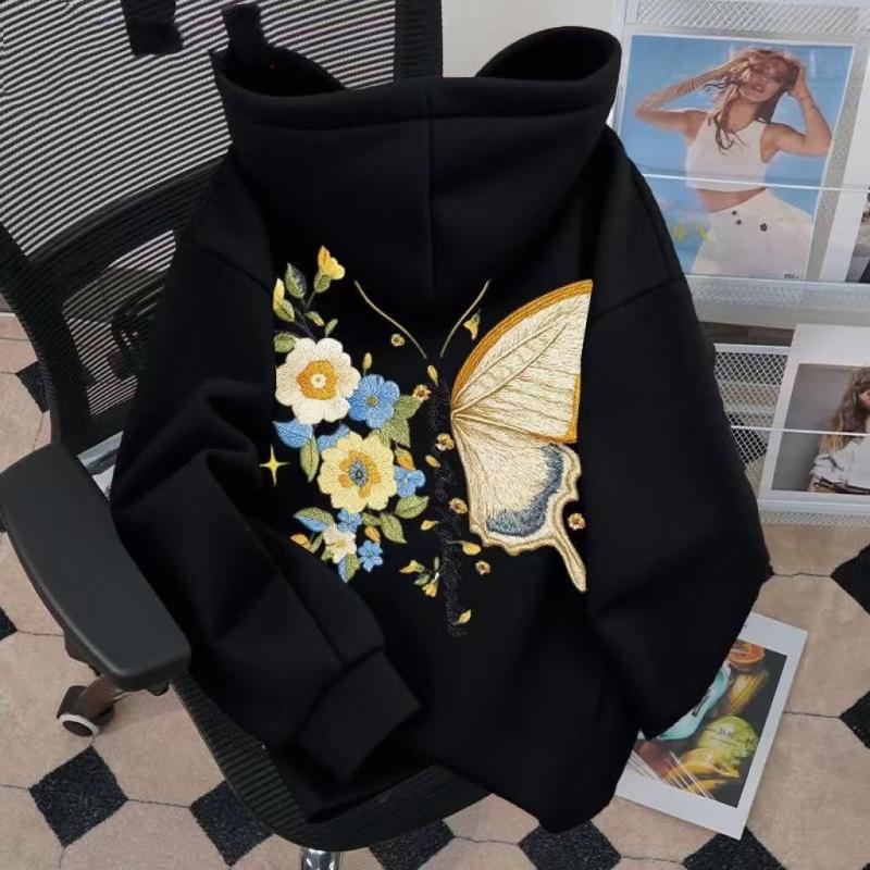 

Ladies Butterfly Printed Fleece Hoodie American Retro Letter Decoration Hooded Coat Winter Loose Fashion Women s Top M чёрный