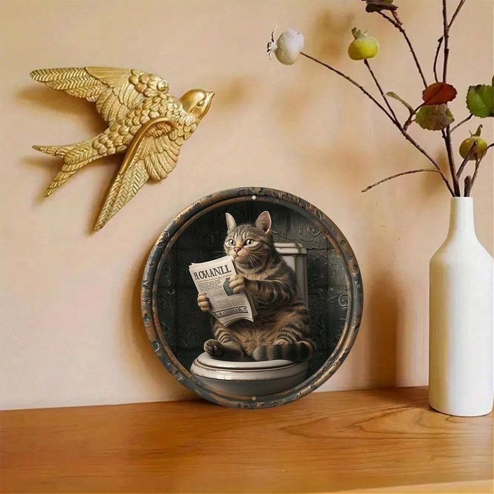 1pc Vintage Cat on Toilet Reading Newspaper Metal Sign, 2D Round Iron Wall Decor, Funny Home Office Garage Decor