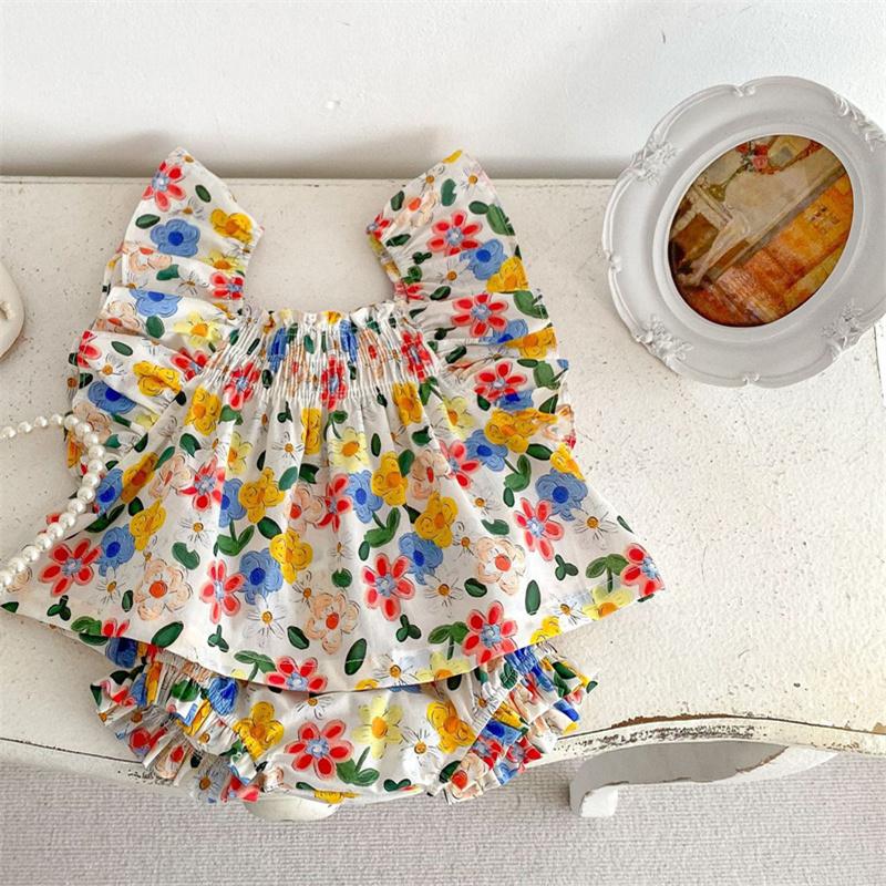 

Модная одежда с цветочным принтом для новорожденных девочек, милый топ без рукавов + шорты, одежда из 2 предметов для маленьких девочек 66