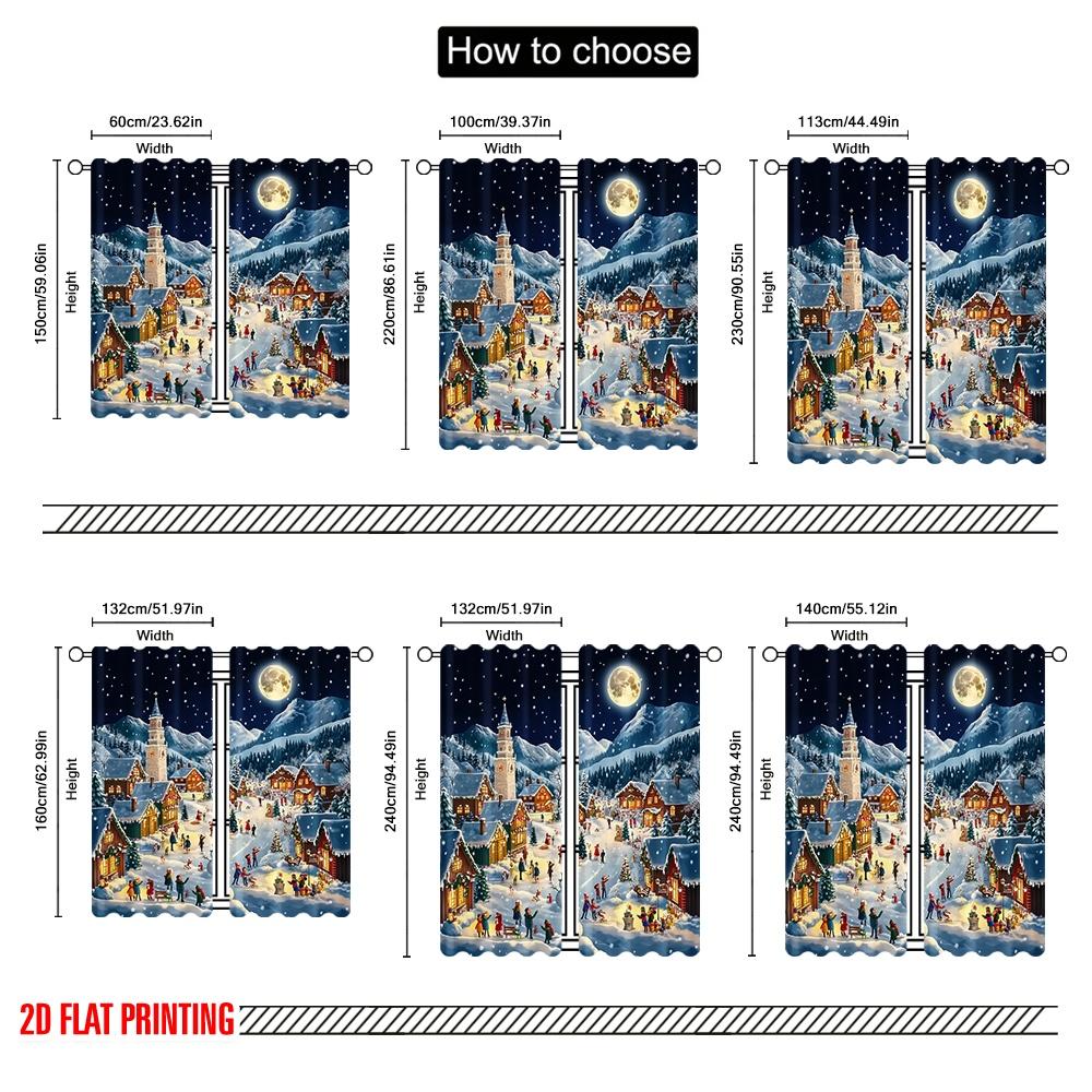 2pcs 2D flat printing Merry Christmas Curtain Cartoon villages and cedar trees 100% Polyester Without Electricity Birthday Party