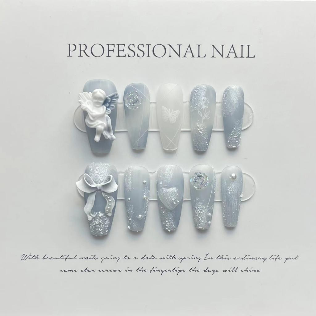 10pcs/set Purely Handmade Wearable Nails Removable Nail Art French Simple False Nails Finished Long and Short Nails