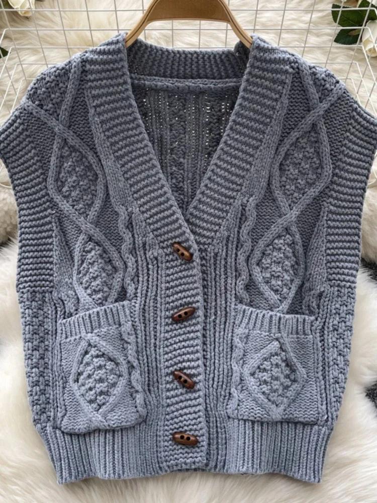 Høst Vintage Senior Strikket Cardigan Kvinner Chic Design Ermeløs Enkeltspent Topper Kvinnelig Casual Pretty Løse Klær Ny