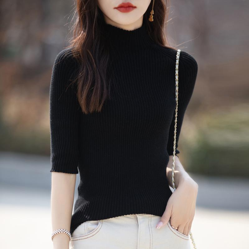 Korean Pure Cotton Mid-sleeved Sweater for Women's Summer Half-high Neck Thin Top Slim and Slim Inner Pullover Simple Half-sleeved