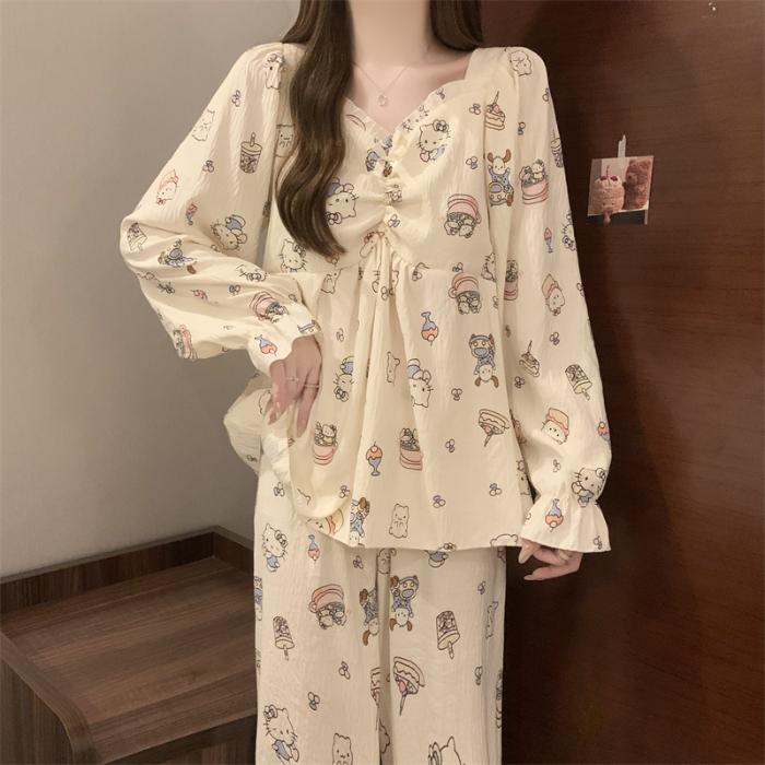 Love Letter Print Raglan Sleeve Design 2 Piece Pajamas Set Women Korean Sweet Casual Simple Pajamas Set Autumn Winter Homewear