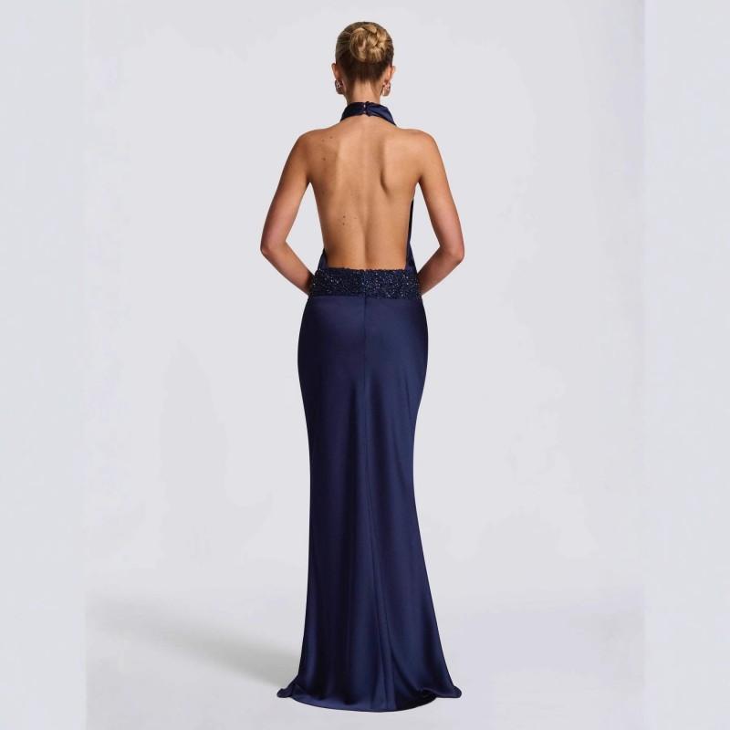 2025 Fall Womens Sleeveless Backless Sequin Cinched Waist Wrap Dress Bodycon Maxi In Navy White Coffee
