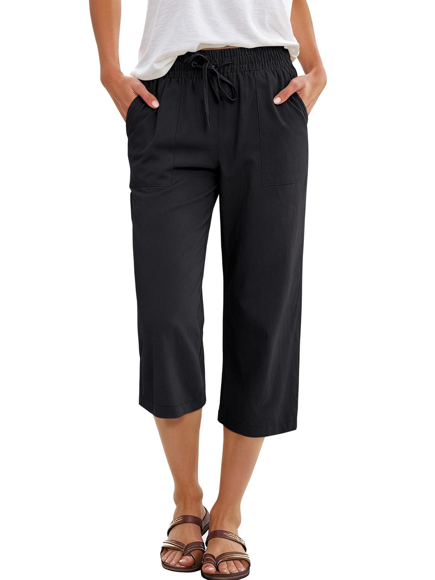 Women S Loose Drawstring Wide Leg Cropped Cotton Linen Casual Pants S