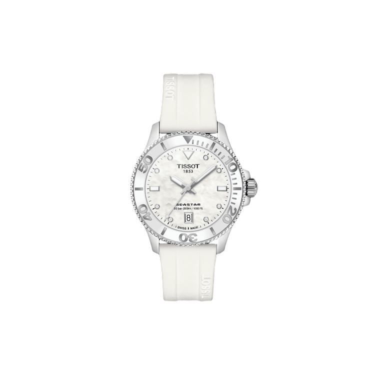 Tissot Seestern-Kollektion Quarzwerk 300 Meter Wasserdichtigkeit Damenuhr Weißes Zifferblatt T120.210.17.116.00