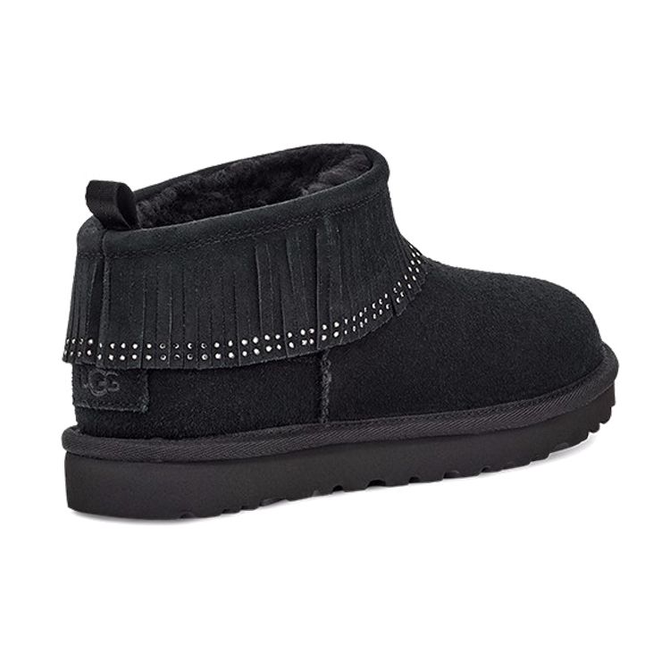 UGG Classic Ultra Mini Fringe Bling Fashion Retro Plush Warm Ankle Snow Boots Women Boots Black 1121576-BLK