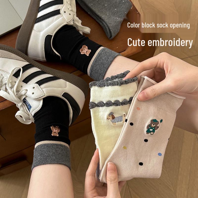 "Polka Dot Cartoon Bear Mid-Calf Women’s Socks - Korean & Japanese Style, Striped Color Block, Perfect for Spring & Autumn”