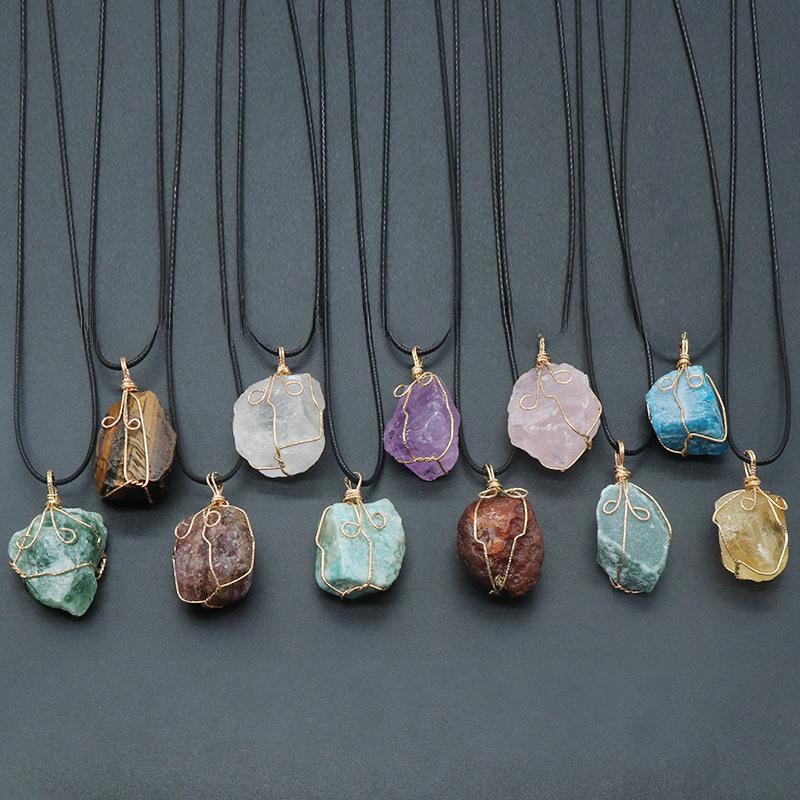 Citrine and Amethyst Wire Pendant Necklace with Pink, White, and Fluorite Aventurine Stones