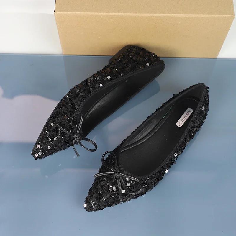 Fashion New 2025 Luxury Shiny Sequins Women's Shoes Elegant Pointed Toe Shallow Soft Sole Date Female Autumn Spring Flats Plus Size