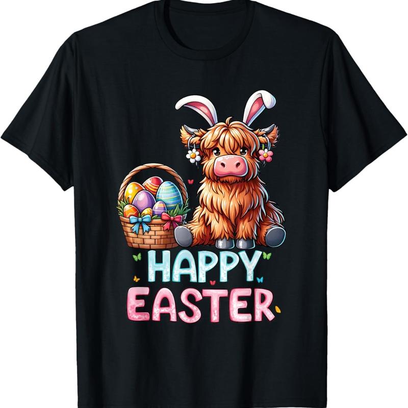 T-shirt pour femmes et enfants, joyeux jour de paques, vache des Highlands, lapin mignon S