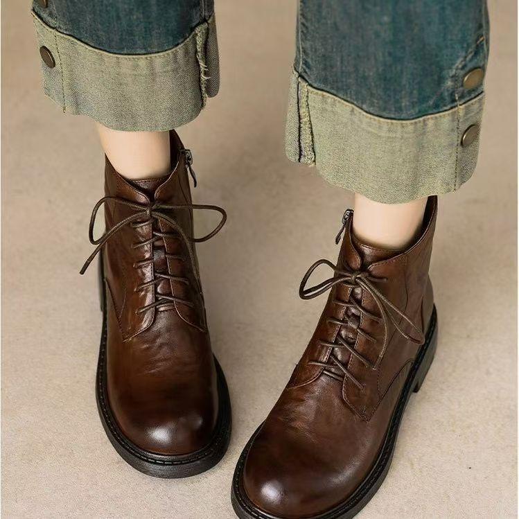 

Soft leather retro lace-up Martin boots women s medium heel British style boots round head short boots women 41