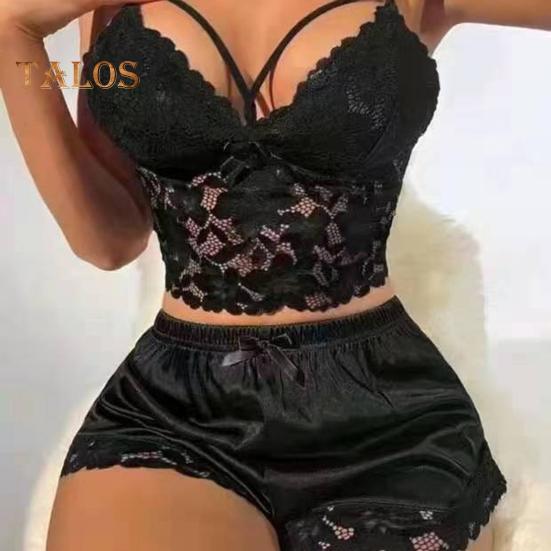 2 ks/sada Dámské pyžamové soupravy s vyhloubenou krajkou, výstřihem do V, bez rukávů, triko s vysokým pasem saténové šortky Domů Dovolená Valentines Day Anniversary