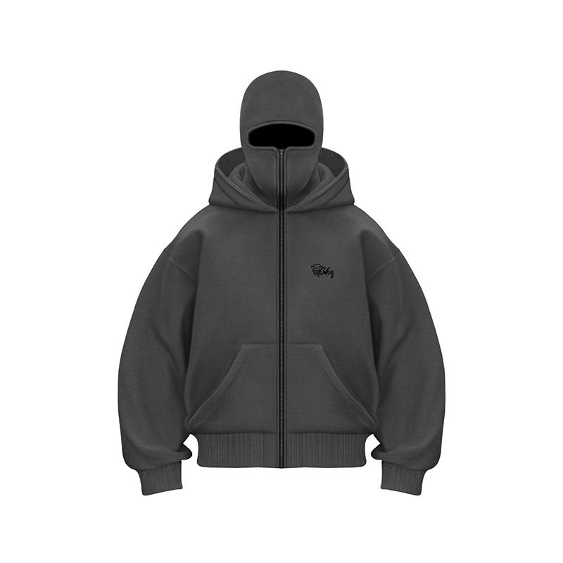 Y2K Goth Harajuku Men's Zippered Velvet Cardigan Masked Double Hat Hoodie Coat