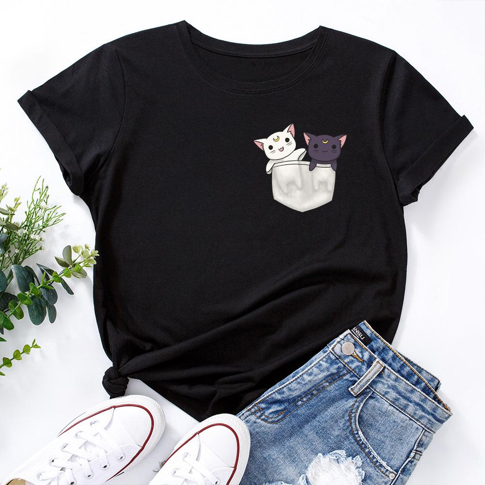 

Милые футболки с принтом котенка, свободного кроя, с круглым вырезом, из чистого хлопка, с короткими рукавами, женские S чёрный