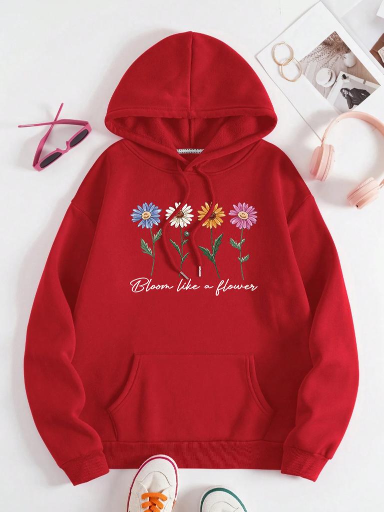 Bloom Like A Flower Pattern Women Hoody Loose Y2K Casual Sportswear Fleece Pocket Hoodie Autumn All-Match Woman Clothing