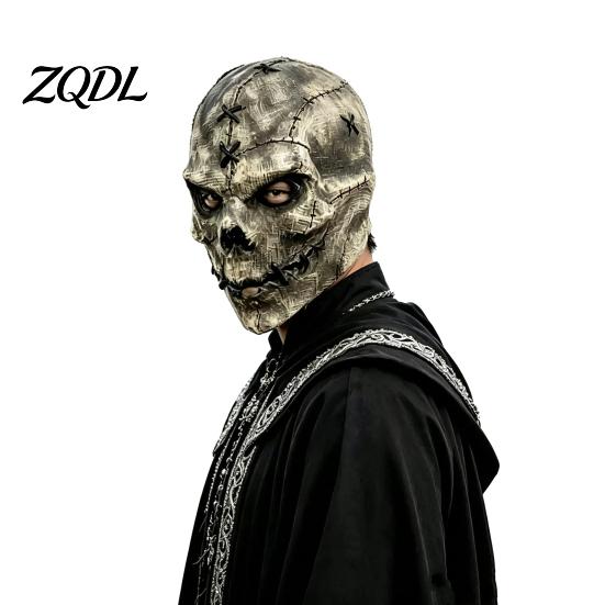 Realistic Stitching Texture Horror Latex Skull Masque, Scary Halloween Hood Masque with Detailed Props Stitched Texture, Creepy Costume Accessory for