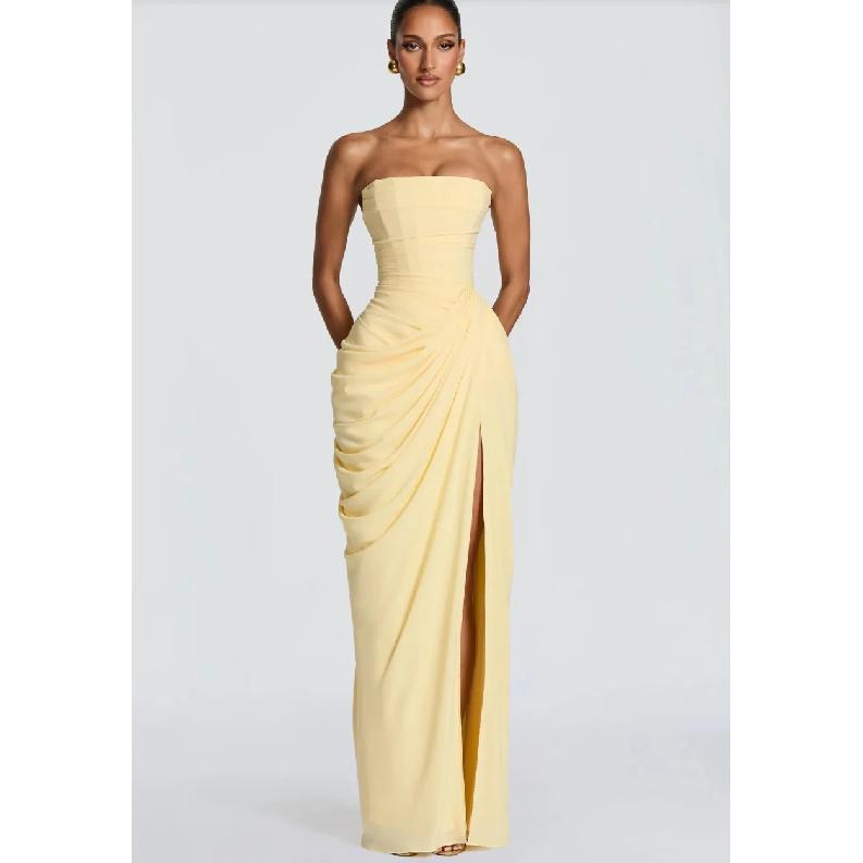 2026 Nuovo Abito Lungo Giallo Senza Spalline Primavera Estate Drappeggiato Spacco Alto Abito da Sera Bodycon Abito per Ospiti di Matrimonio Festa Donna